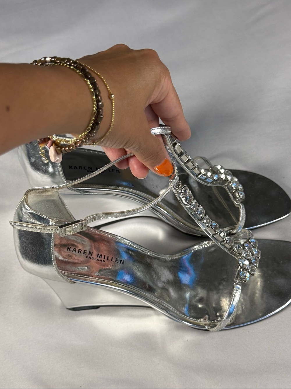 Karen Millen Silver Crystal T-Strap Wedges